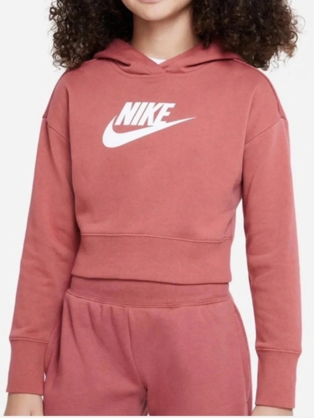 Nike | Girl’s Mauve/Rose Cropped Long Sleeve Hoodie Front White Logo/Swoosh Sz M